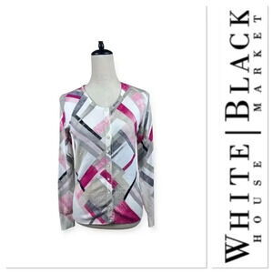 White House Black Market white cardigan sweater w geometric print size small
